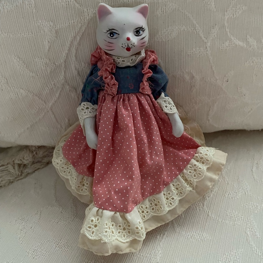 Anthropomorphic Cat vintage Dress Cloth Body Ceramic Head Christmas ornament